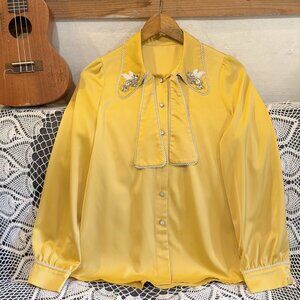 Yellow Satin Pearl Trim Embellished Collar Bow Blouse Vintage
